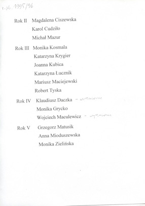 Lista studentów, rok akademicki 1995/96 