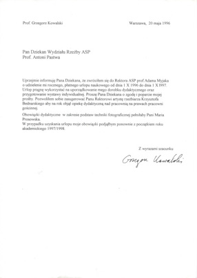 Grzegorz Kowalski\\\'s letter to the Dean of the Sculpture Department at the Academy of Fine Art Warsaw, 20. 05. 1996 