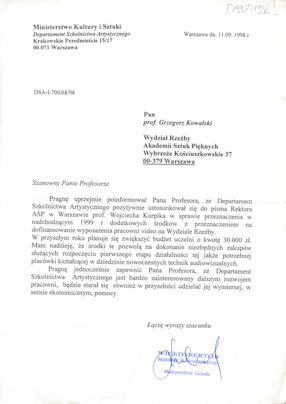 Pismo do prof. Grzegorza Kowalskiego z Departamentu Szkolnictwa Artystycznego w Ministerstwie Kultury i Sztuki 