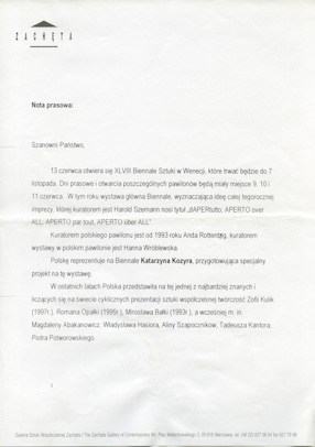The Zachęta Gallery’s press materials on Katarzyna Kozyra’s participation in the 48th Venice Biennale 