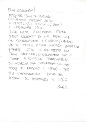 A letter to Professor Grzegorz Kowalski written on the back of the studio’s program 