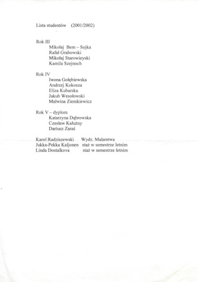 Lista studentów, rok akademicki 2001/02 