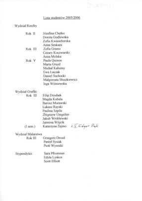 Lista studentów, rok akademicki 2005/06 