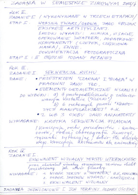Grzegorz Kowalski, a list of assignments during the winter term of the academic year 2006/2007 