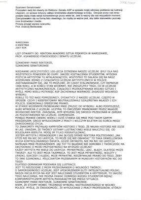 Professor Andrzej Bieńkowski’s open letter to Professor Ksawery Piwocki, Rector of the Academy of Fine Arts in Warsaw, and Senate of the Academy 