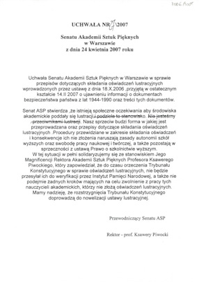 Warsaw Academy of Fine Arts’ Senate Resolution no.27/2007  