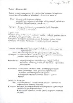 Suggested assignments for the entrance exam in the Sculpture Department of Academy of Fine Arts in Warsaw 