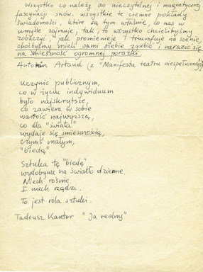 Cytaty: z Antonina Artaud „Manifest teatru niespełnionego” i z Tadeusza Kantora „Ja realny” 