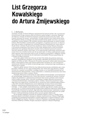 Grzegorz Kowalski writes to Artur Żmijewski 