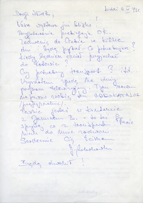 A letter from Józef Robakowski, 1995 