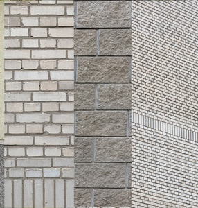 Kolaż zdjęć, na którym widać różne wzory murów szkolnych: mniejsza i większa kostka brukowa oraz drobne kamienie w szarym kolorze