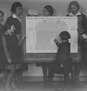 Zdjęcie ukazujące nauczycielkę i dzieci stojące przy tablicy z wykresem przedstawiającym liczby dotyczące budowy szkół powszechnych 
