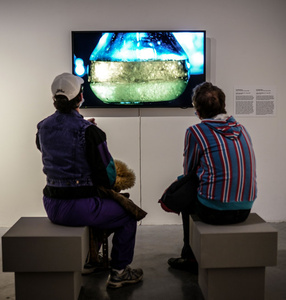 [Kolorowe zdjęcie ukazujące dwie osoby oglądające pracę wideo na wystawie]