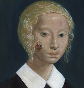 Stylizowany na sredniowieczny portret blondwłosej młodej kobiety. Na swoim prawym policzku powtórzony niewielki portret – w wersji starej kobiety, nieco przerażającej.