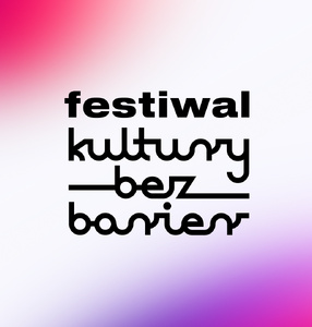 Logotyp Festiwalu Kultury Bez Barier na różowo-fioletowym tle. 