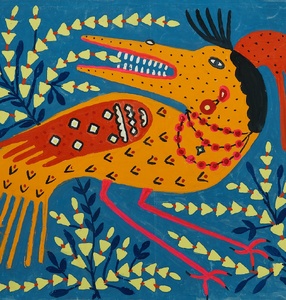 Obraz. Na niebieskim tle postać żółtego ptaka z ogromnym dziobem z zębami, na głowie czarne włosy i czerwone nakrycie głowy. W tle schematyczne motywy kwiatowe. 