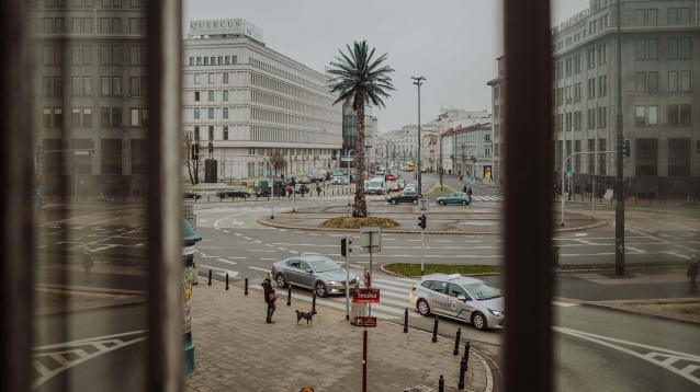 (widok z okna Palmiarni przy ul. Nowy Świat, w tle warszawska palma na rondzie de Gaullea) 