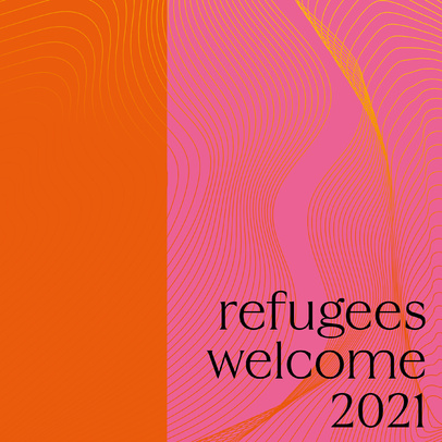 kwardatowa grafika w kolorach intensywnego różu i pomarańczowego z napisem Refugees Welcome 2021