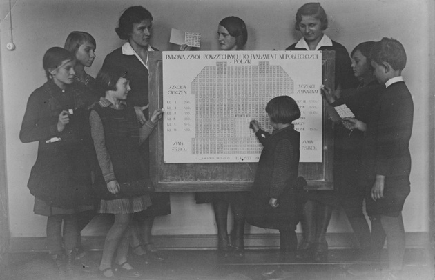 Zdjęcie ukazujące nauczycielkę i dzieci stojące przy tablicy z wykresem przedstawiającym liczby dotyczące budowy szkół powszechnych 