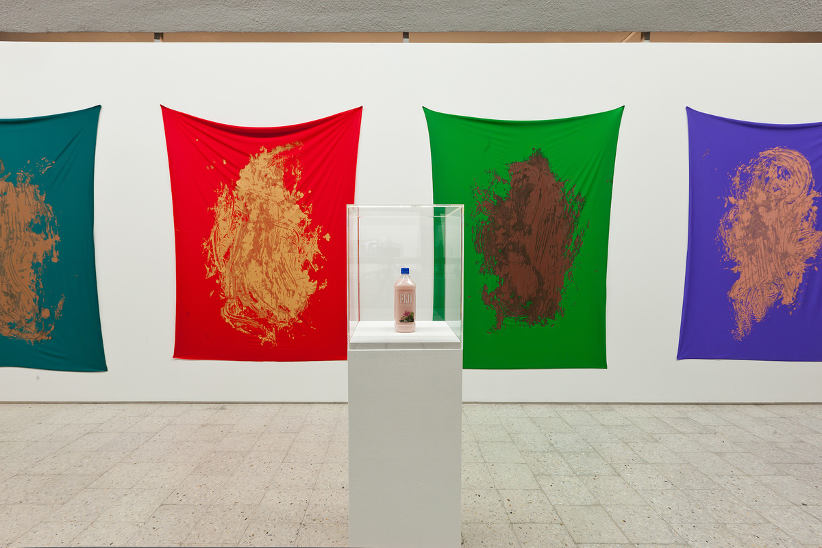 Pamela Rosenkranz, „Nietknięte powietrzem XXI wieku (Mój kolor boli)”, 2014, seria czterech obrazów, akryl na spandexie, butelka PET, silikon, pigment, 200 x 160 cm, fot. B Stawiarski