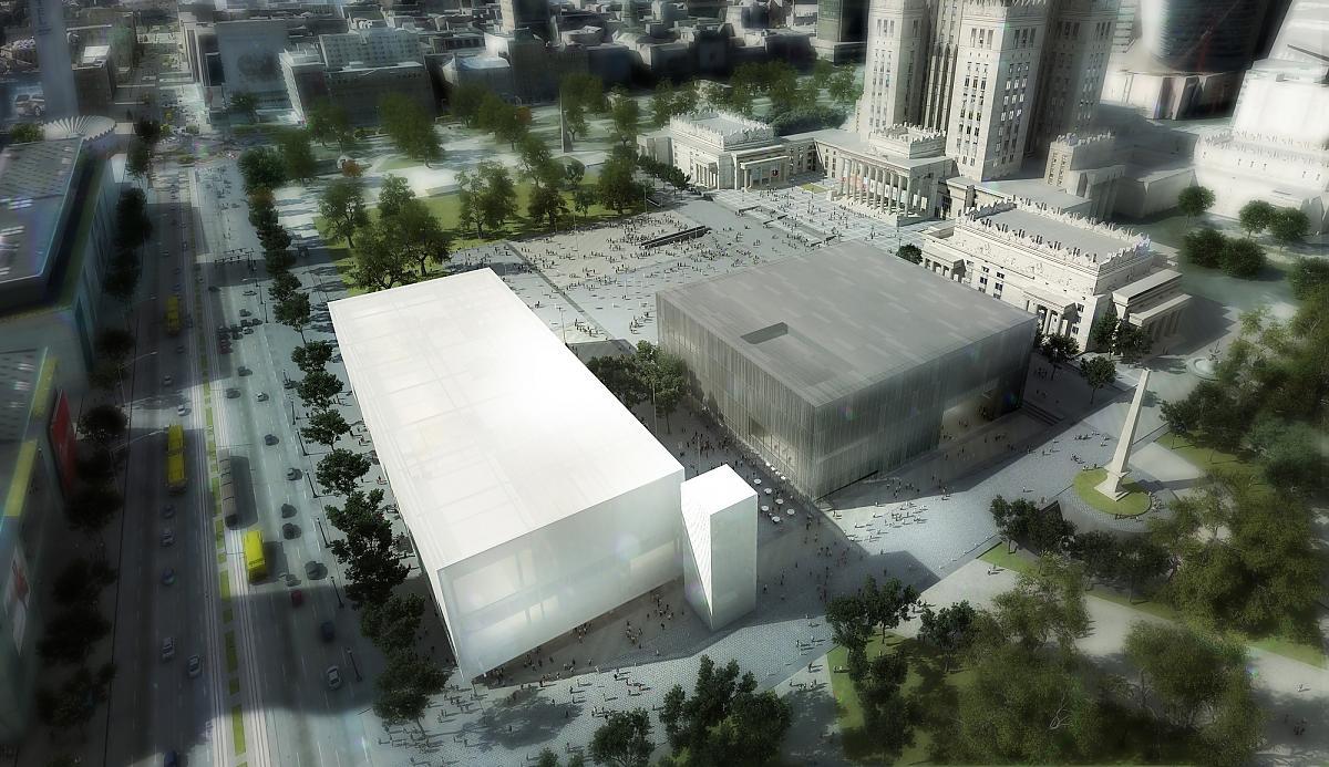 Rendering of the Museum of Modern Art and the TR Warszawa theatre’s project by Thomas Phifer and Partners. Bird\'s eye view
