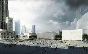 Rendering of the Museum of Modern Art and the TR Warszawa theatre’s project by Thomas Phifer and Partners. View of Defilad Square from Marszałkowska str.